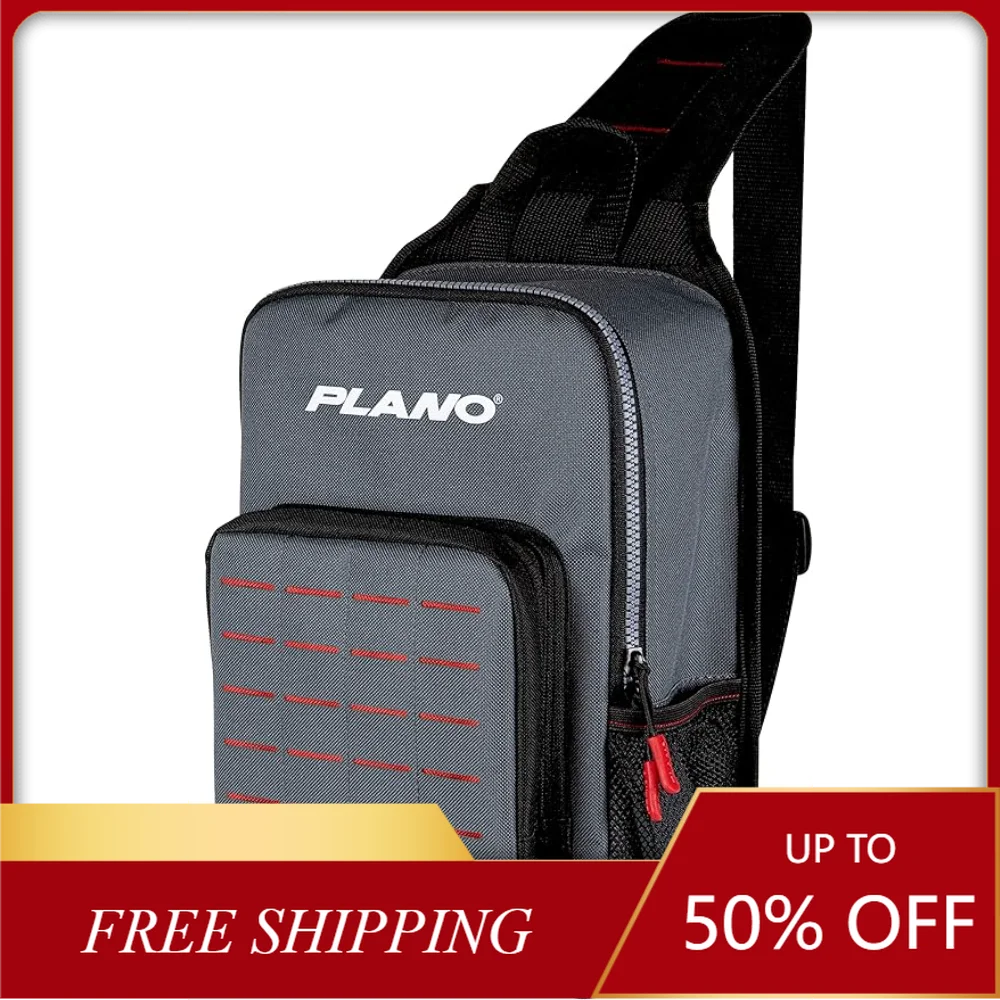 

Сумка-слинг для рыболовных снастей, серая с красными, черными и белыми акцентами, включает в себя 2 коробки-органайзеры, высококачественное хранилище для снастей