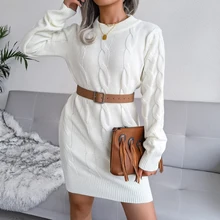 Vestido de punto blanco básico para mujer, prenda elegante y cálida de manga larga, informal, ajustado, Mini suéter de Cable, para Primavera e Invierno (1)