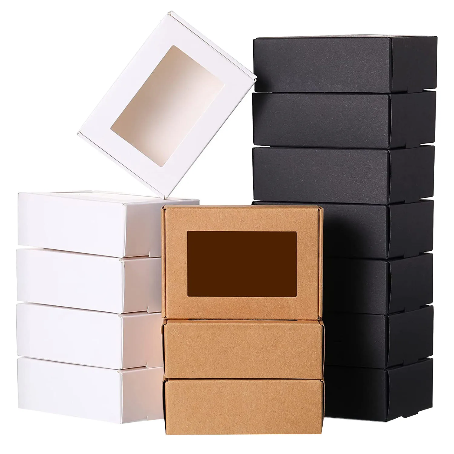 

30 Pcs Mini Kraft Paper Box with Window Present Packaging Box Treat Box for Soap Treat Bakery Candy(Black Brown White)