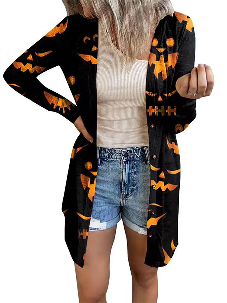 

Halloween Cardigan for Women Pumpkin Bat Print Knitting Cardigans Long Sleeve Open Front Outwear Lightweight Coat
