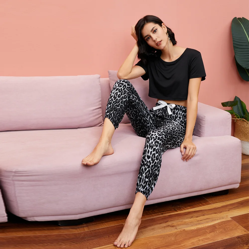 Women's Summer Sets Pajamas Fashion Homewear Shorts Sleeve Solid Short Top Leopard Print Lace-up Shrink Trousers Women Pajama