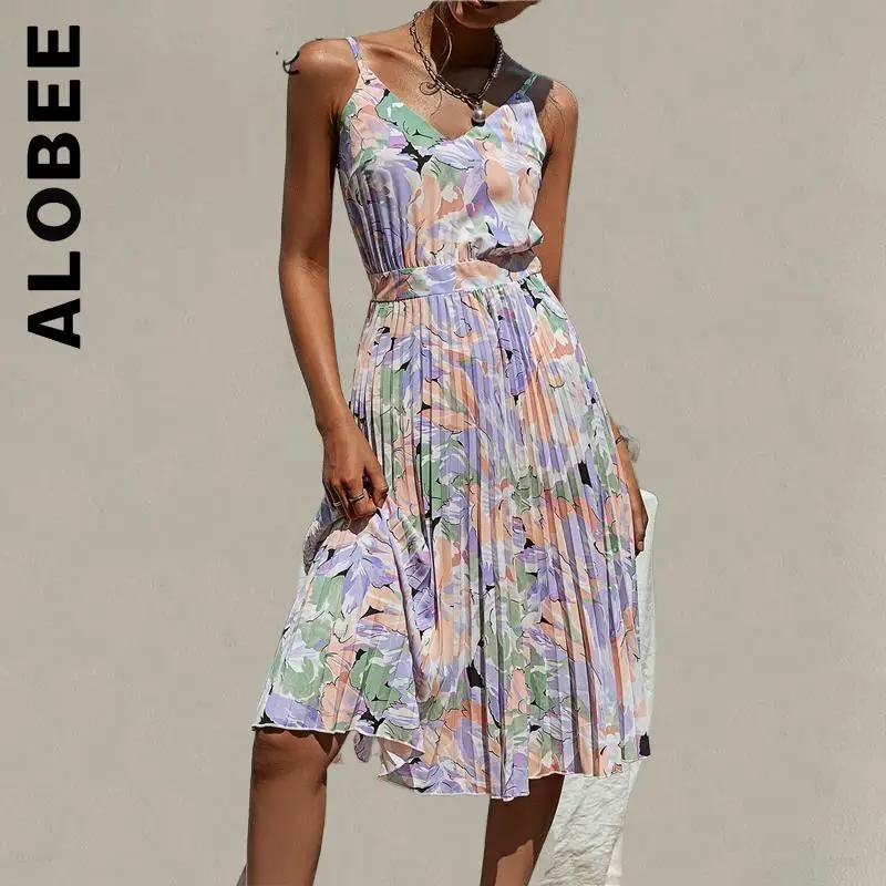 

Alobee Women Fashion Dress Korean Sweet Dress Spaghetti strap floral sexy beach sundress Chic Vestidos Female Dress Woman