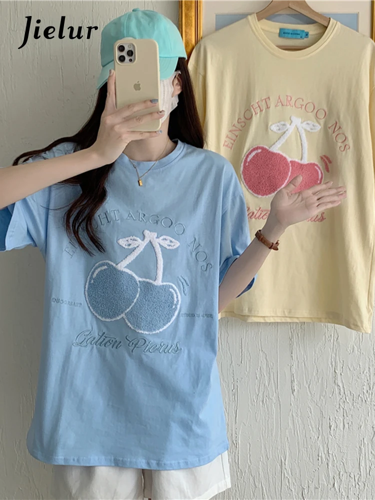 

Jielur Летняя новая футболка с вышивкой вишни милая свободная желтая синяя хлопковая футболка женские футболки с коротким рукавом