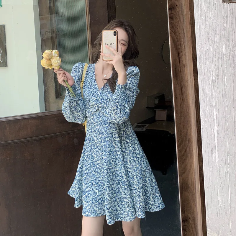 

Women's Dress 2022 Fashion New Solid Color Floral Long Sleeve V-Neck High Waist Ladies A-line Skirt SJ582
