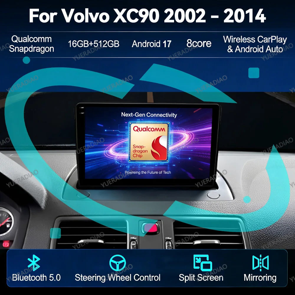 Фото Автомагнитола Android 17 для Volvo XC90 2002-2014 QLED Qualcomm, мультимедийный видеоплеер 4G LTE 5G WIFI 2DIN BT №1