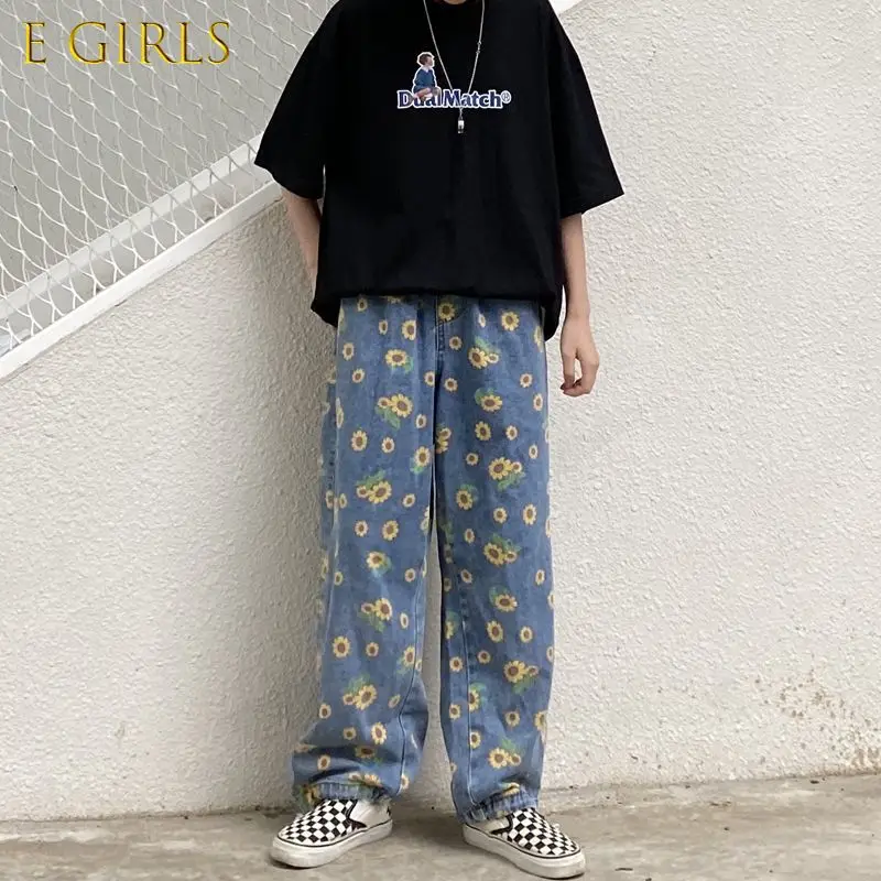 E GIRLS Jeans Women Harajuku Loose Vintage Sunflower Printed Denim Blue Womens Casual Streetwear Boyfriend Straight Trousers