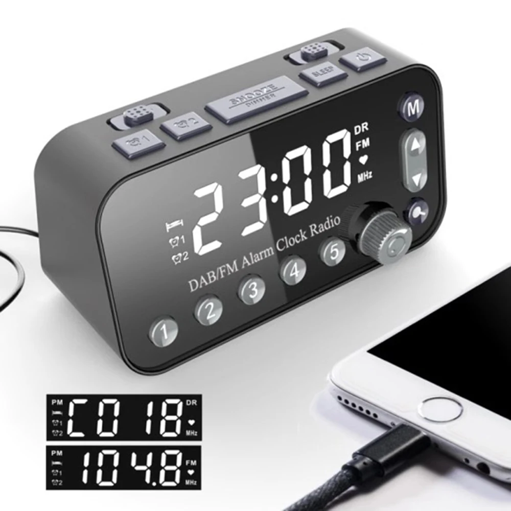 

Digital Alarm Clock DAB FM Alarm Clock Radio, Dual USB Charging Port LCD Display Backlight Adjustable Alarm Volume Alarm Clock
