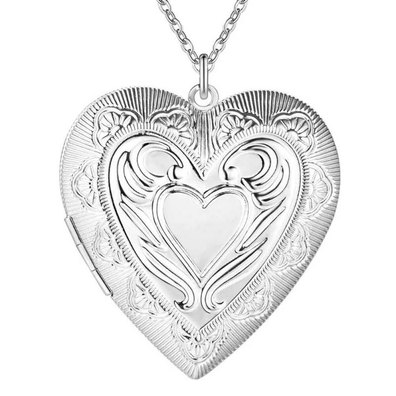 

925Sterling Silver Big Heart Pattern Photo Frame Pendant Chain Necklace European and American Jewelry Wedding Favors Decoration