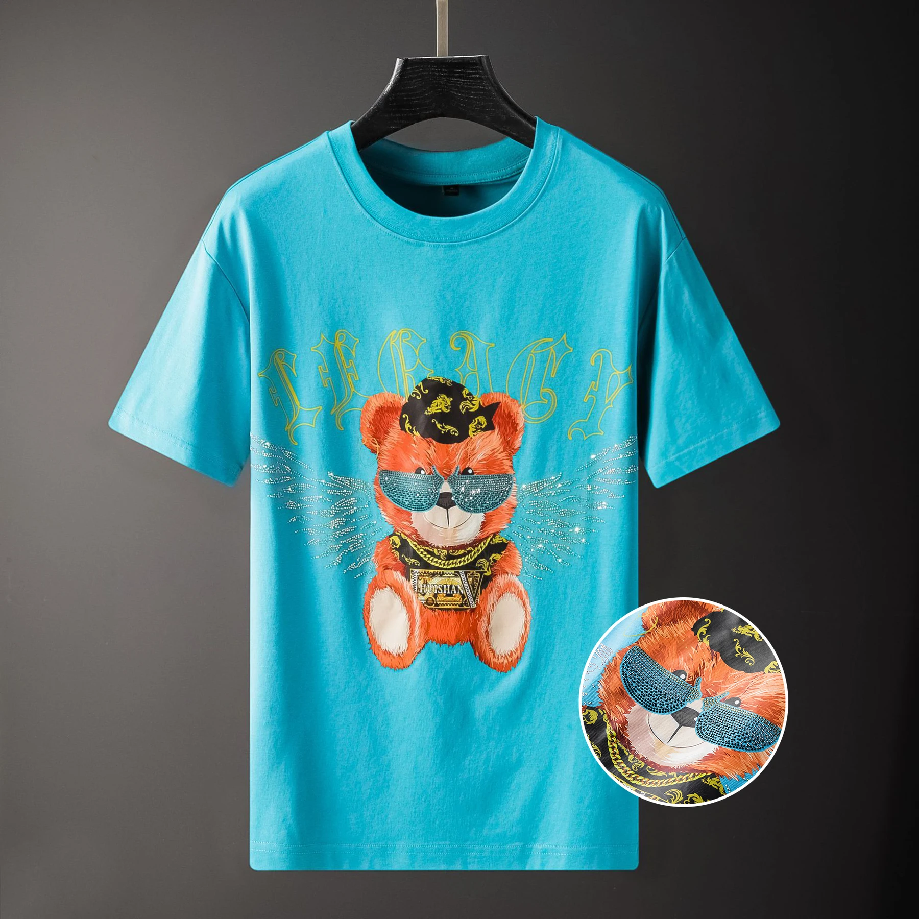 

Trendy Men Loose Bear T-shirt Summer Streetwear Hot Diamond Printed Top Mens Short Sleeve Tee Shirt Homme Rhinestones Tshirt Men