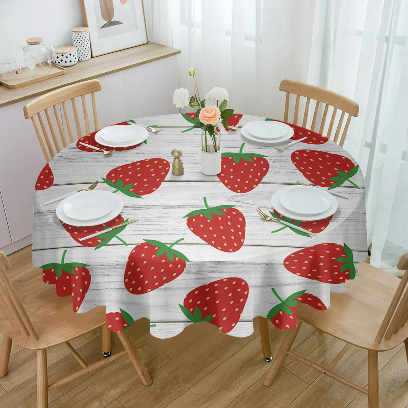 Круглая скатерть с фруктами и клубникой деревянная текстура водонепроницаемая