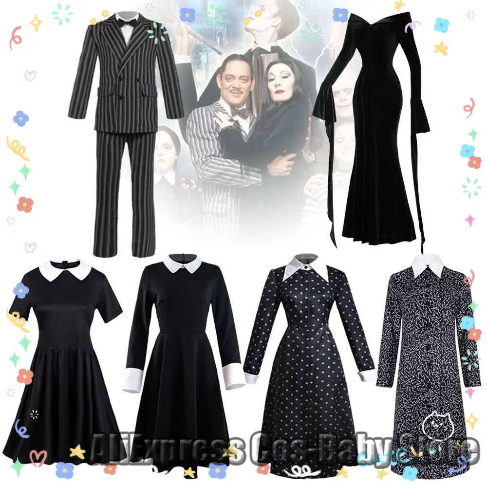 

Костюм женский для косплея из искусственных волос, семейный готический костюм Адамс из м/ф «Аддамс», наряд с принтом, парик, винтажный костю...