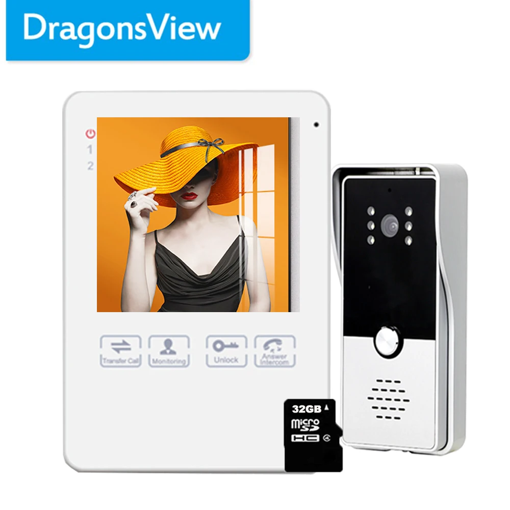 Dragonsview Wired Home Intercom Door Phone Doorbell Camera 4 Inch Monitoring HD Day Night Vision Talk Unlock Record SD Card