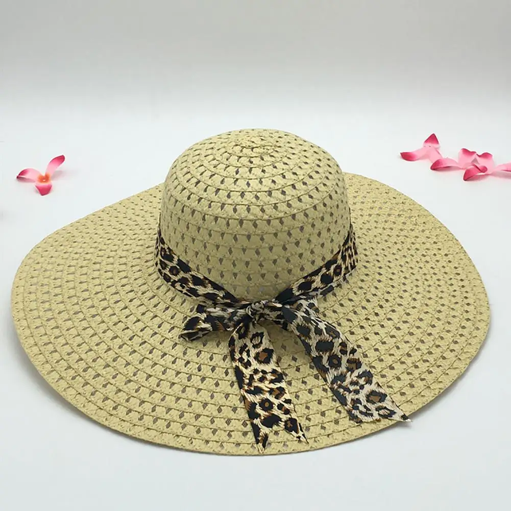 

Sunscreen Braided Foldable Straw Hat Leopard Bowknot Decor Wide Brim Women Beach Hat Fashion Accessories Women Fedora hat 모자