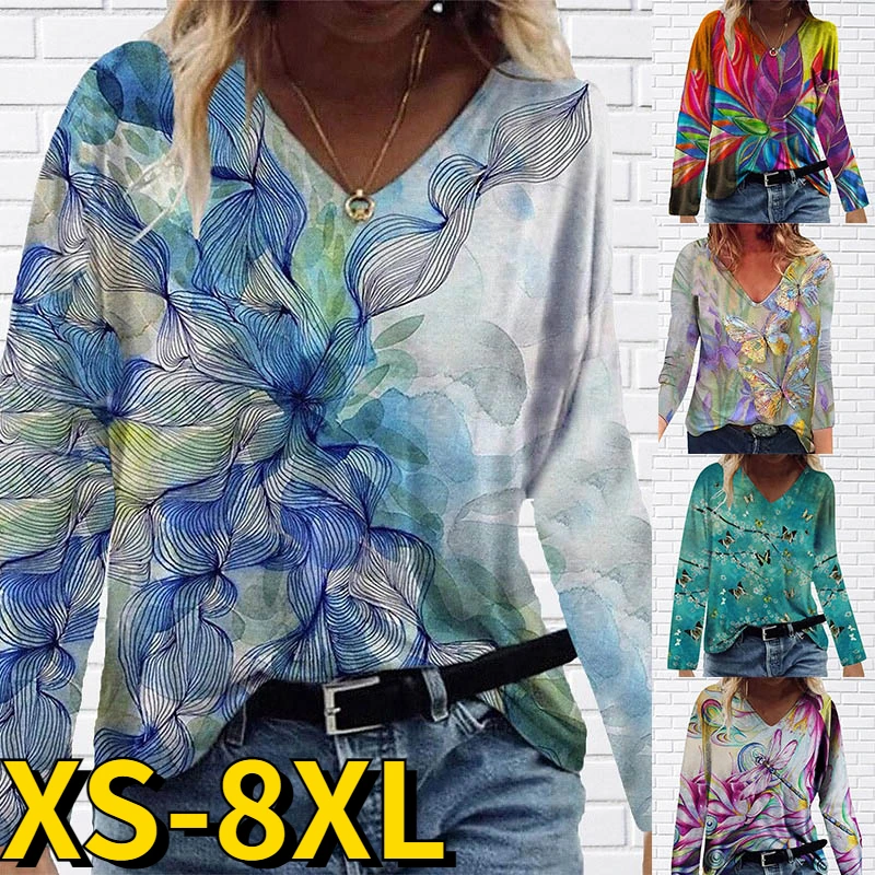 

Butterfly Print Top Fashion Casual Tee Women Retro Elegant Long Sleeve Autumn Winter Women Sexy V-neck Oversized Pullover Tee