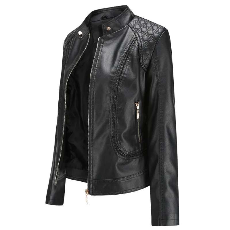 Spring and Autumn Large Size Temperament Stand Collar PU Leather Jacket Women's Leather Coat