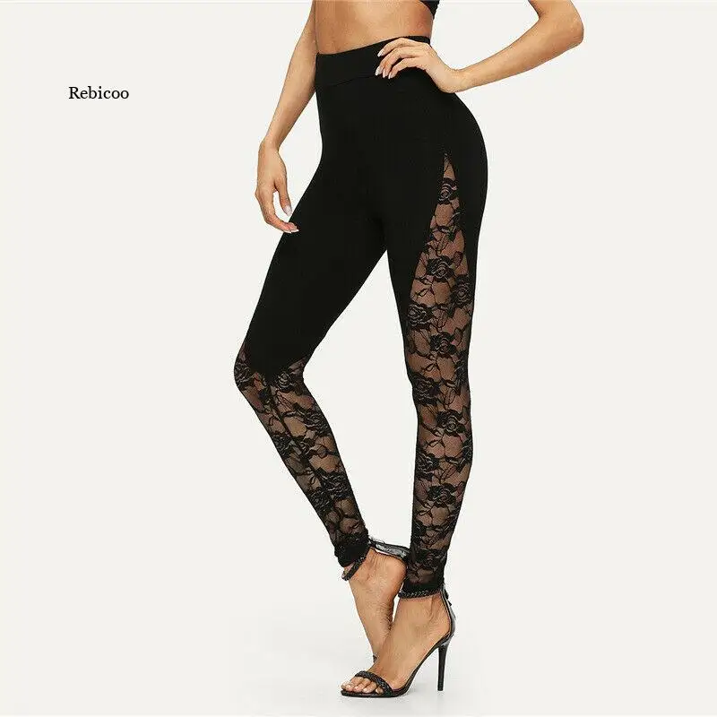 Fashion Trend Women's Ladies Floral Lace Side Panel Cut Out Black Leggings Summer Skinny Sexy Long Trousers
