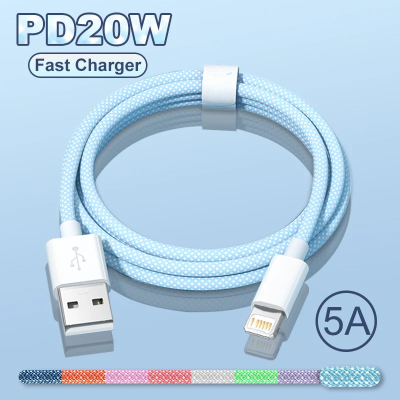 

20W PD USB Lightning Colorful Weaving Cable For iPhone 14 Pro Max 13 12 11 Mini Fast Charger X XS XR 8 7 6 Plus 5S SE 2020 Wire