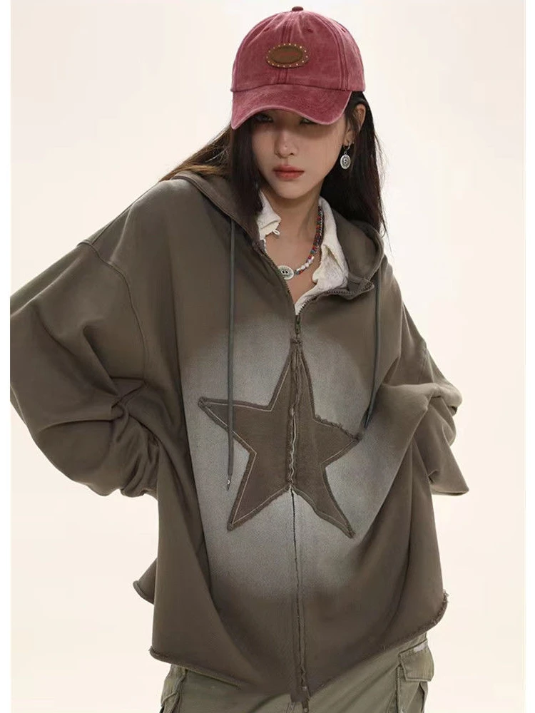 

Spring Autumn Hoodies Punk Gothic Streetwear Vintage Long Sleeve Sweatshirts Star Graphic Harajuku Casual Loose Patchwork Tops