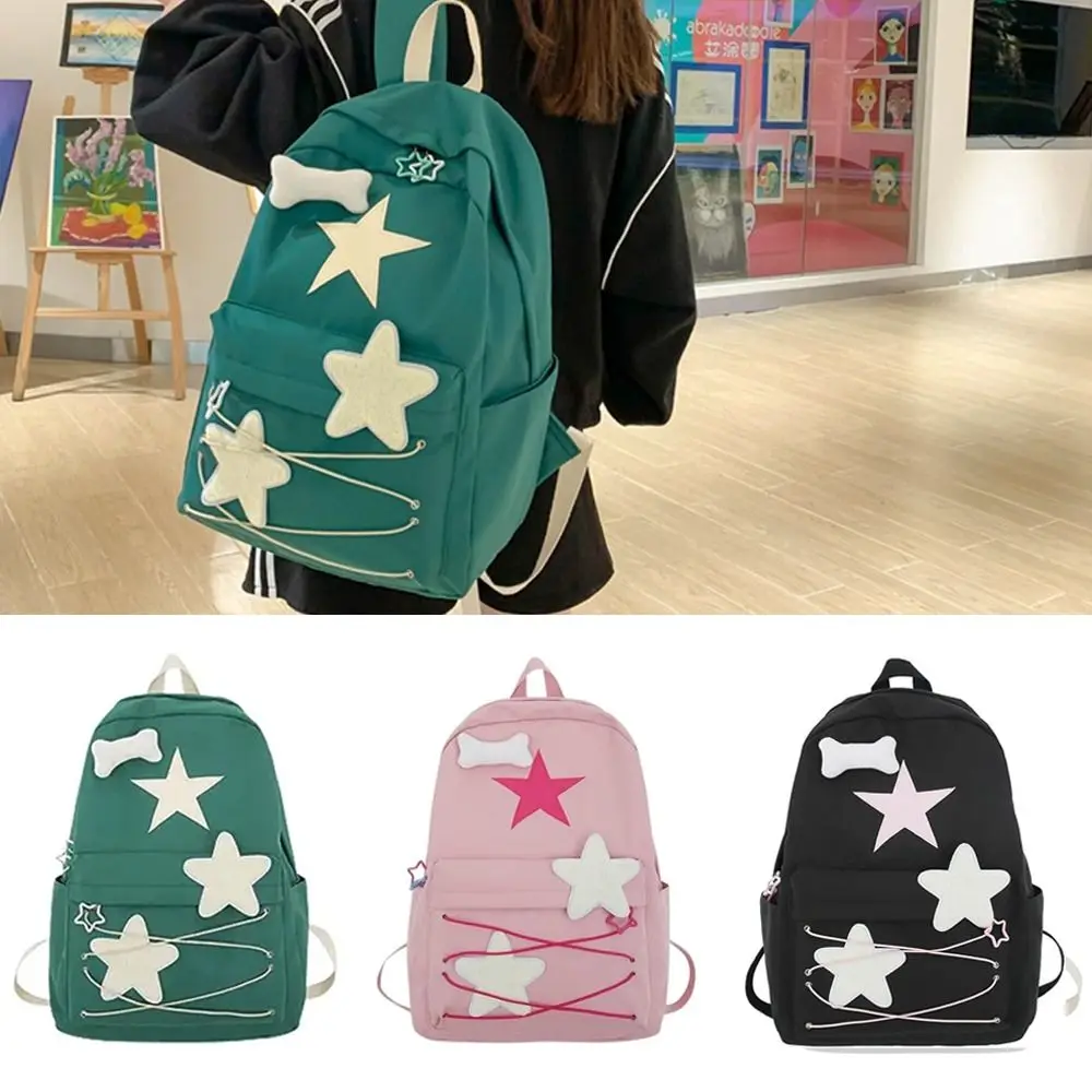 

Nylon School Shoulder Bag Harajuku Aesthetic Rucksack Large Capacity Five pointed Star Design Travel Satchel Women Girls