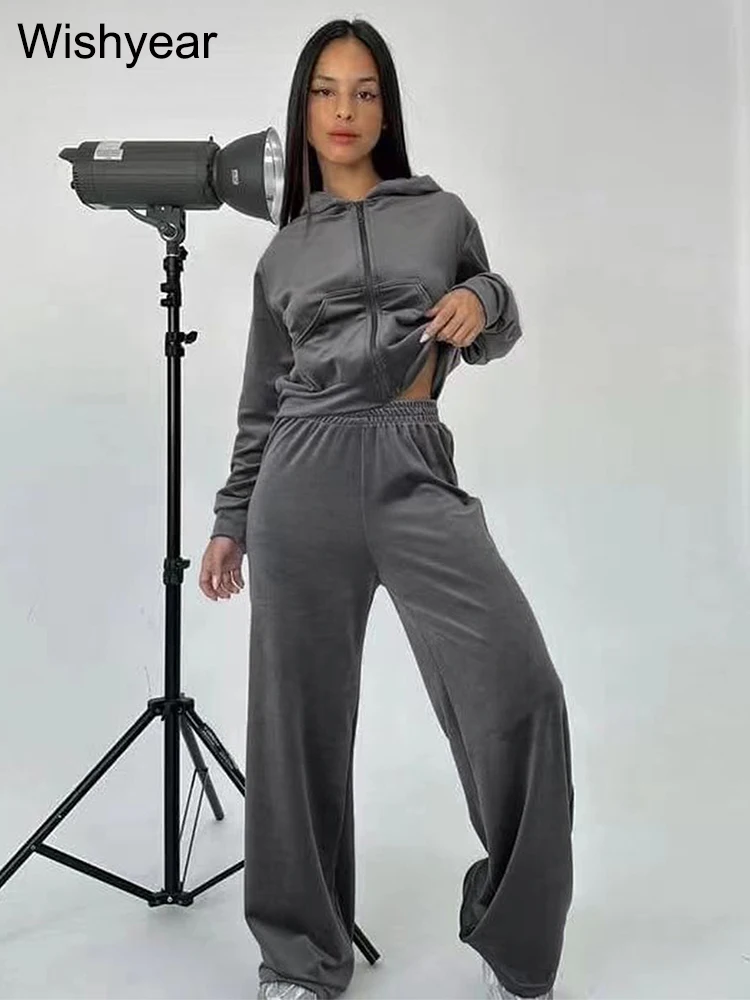 Бархатный спортивный костюм с капюшоном серый женский комплект из 2 предметов