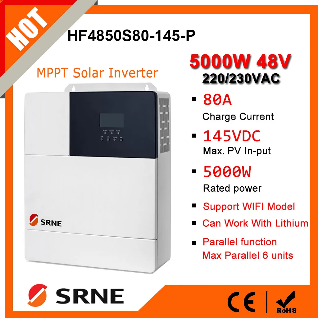 SRNE 5000W 220V 48V Hybrid Inversor Support Parallel and Wifi Module Pure Sine Wave MPPT 80A Solar Charger Max 145VDC PV Input