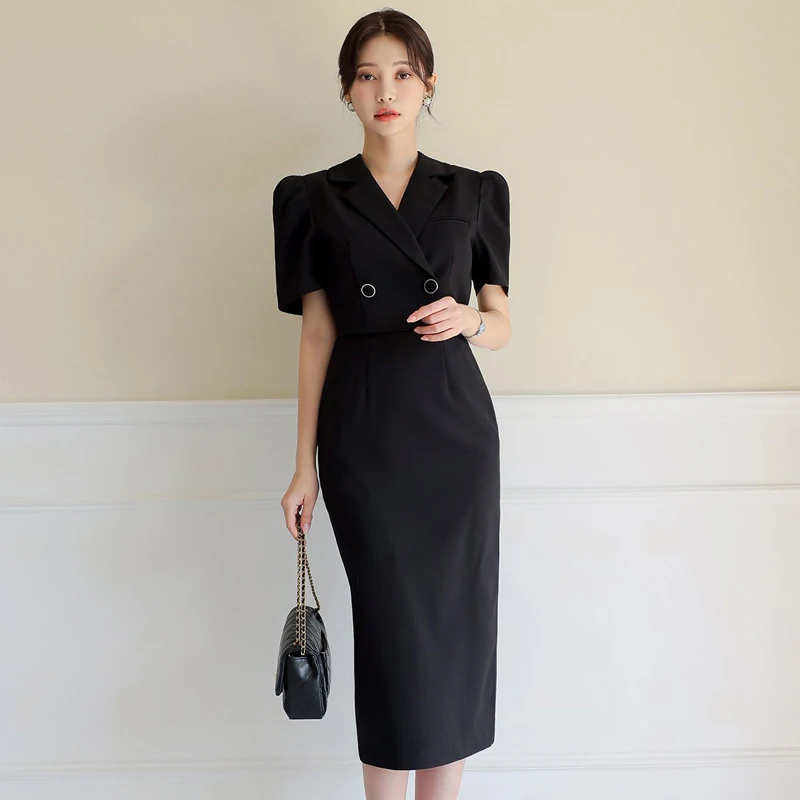 

Elegant Office Black Formal Dresses Women Suit Collar Double Breasted Package Hip Ladies Dress Summer Vestidos Korean Clothing
