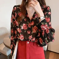 vintage floral shirts womens spring and summer flower top long sleeves sunscreen chiffon shirt loose ladies large size blouses