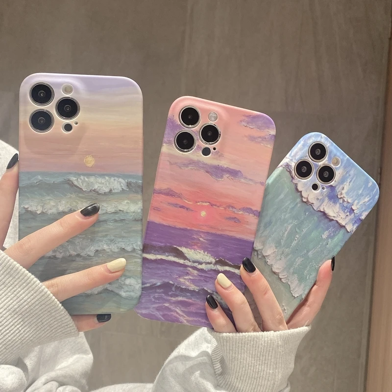 

Retro Art Oil Painting Sunset Landscape Phone Case For iPhone 11 12 13 Pro Xs Max X Xr 7 8 Puls SE Shockproof Soft Silicon Cover