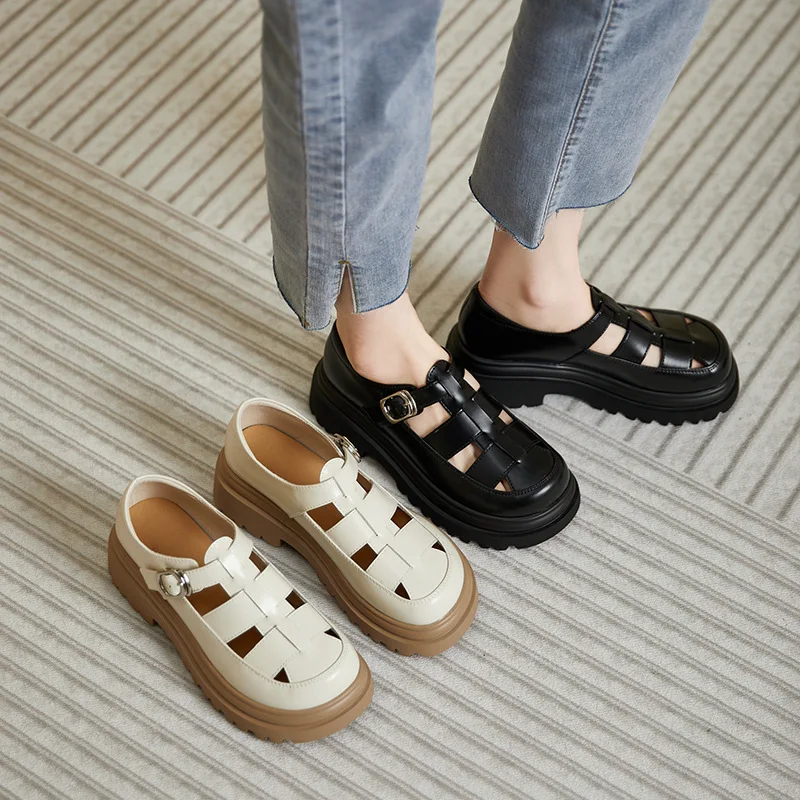 platform splite leather Women sandals hollowed Roman sandals