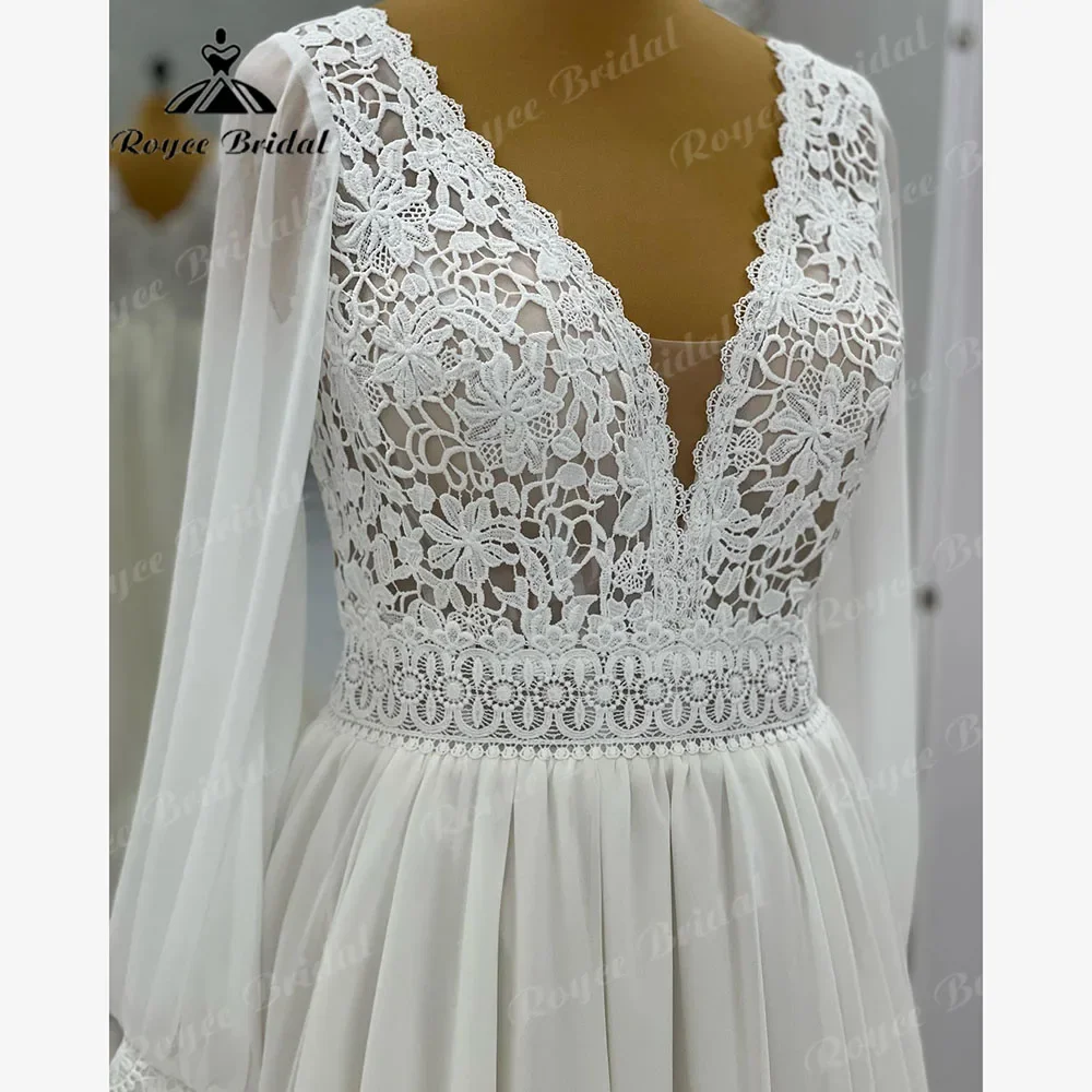Кружевное шифоновое свадебное платье в стиле бохо с глубоким v-образным вырезом