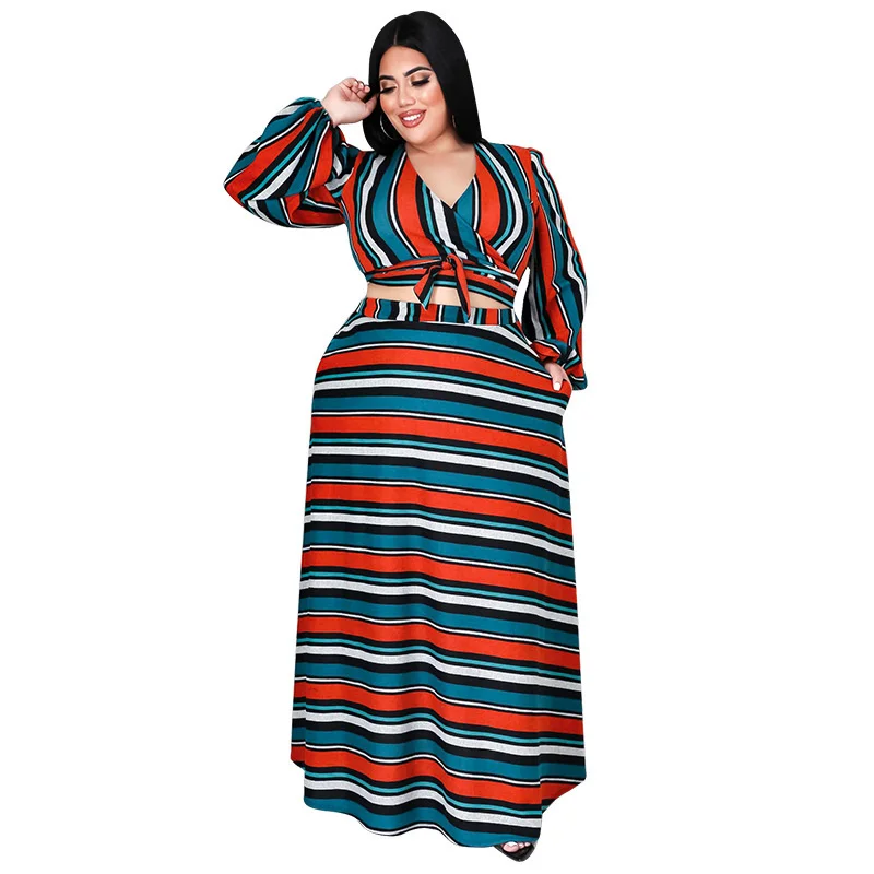 Plus Size Winter Sets Women Skirt Two Piece Suits Patchwork Stripe Long Sleeve Ladies Outifts Who 3xl 4xl 5xl 6xl