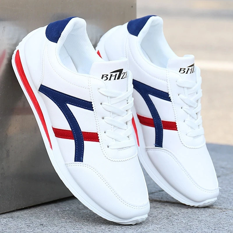 New Men's Shoes Fashion PU Leather Non-Slip White Shoes Casual Sports Shoes Men's Round Toe Low-Top Comfortable Running Shoes 44