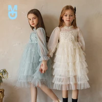 new autumn princess girl dress flower long sleeve birthday party wear elegant tulle children kids dresses for girls casual cloth