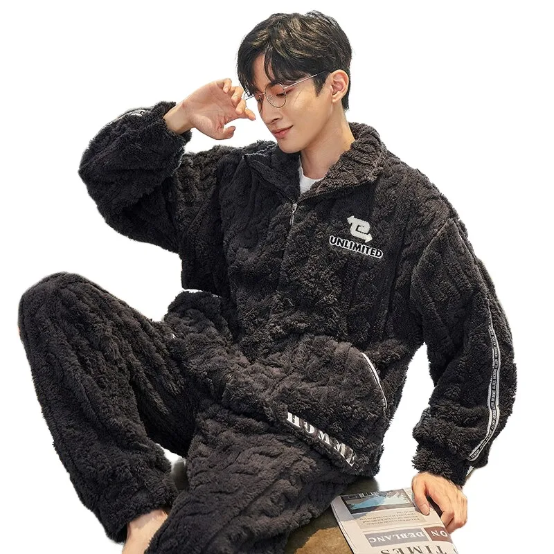 QUHENG Winter Men's Pajamas Sets Layers Warm Thick Coral Fleece Sleepwear Long Sleeve Turn-Down Collar Male Deity Pijamas Suits