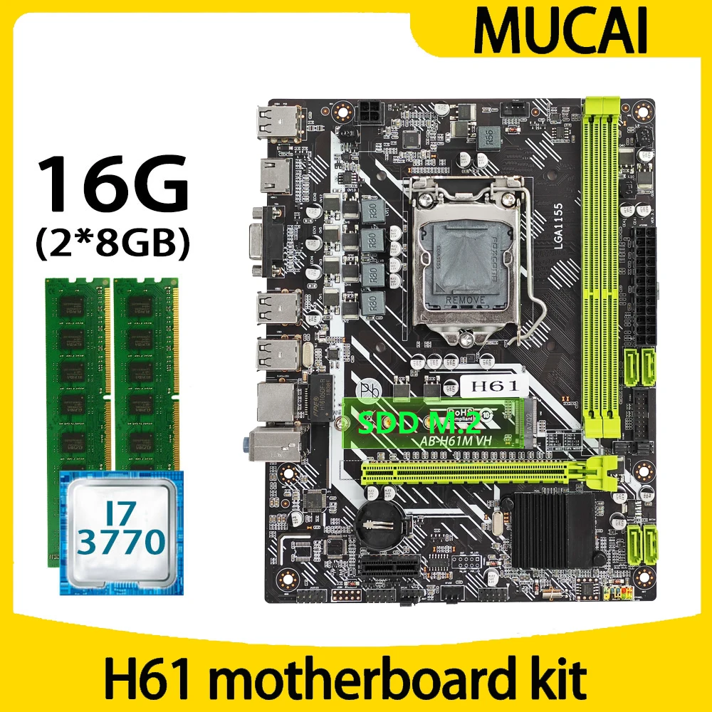 

MUCAI H61 Motherboard LGA 1155 Kit Set With DDR3 16GB(2*8GB) 1600MHZ RAM Memory And Intel Core i7 3770 CPU Processor PC Computer