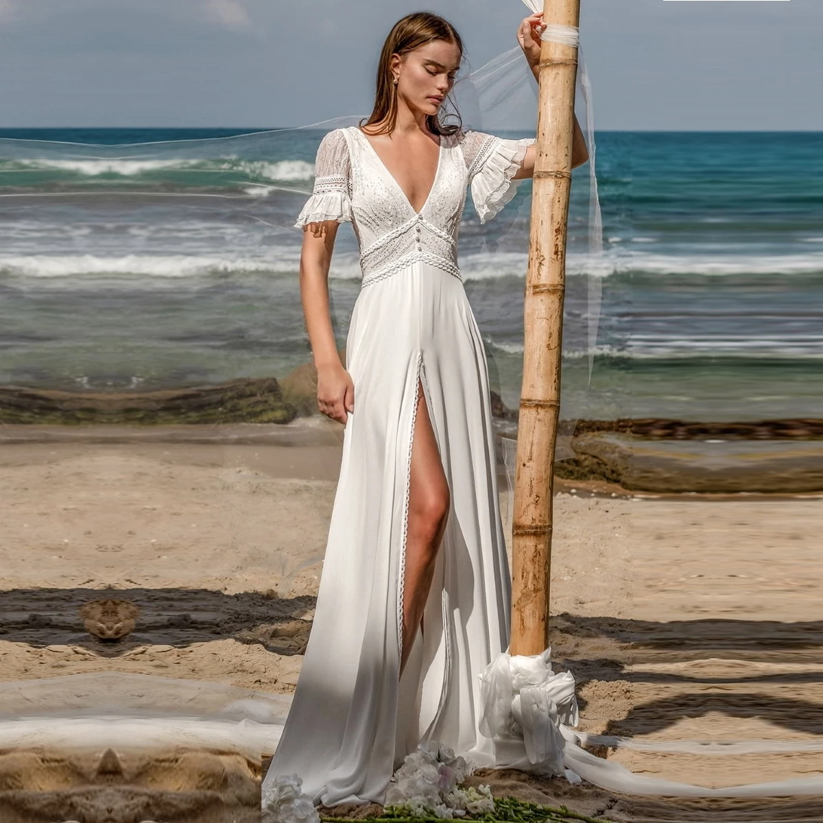 

Bridal Flutter Sleeve V-Neckline A Line Wedding Dress Sweep Bohemia Israel Train Slit Skirt Wedding Dresses 2023 New
