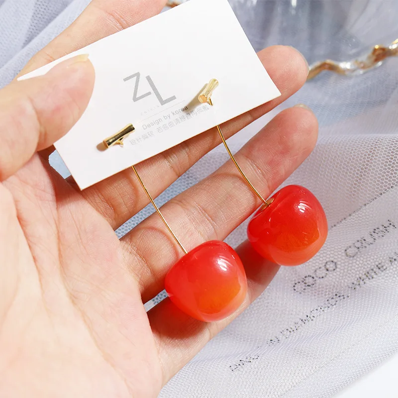 

New Cute Simulation Big Red Cherry Earrings Sweet Acrylic Resin Hot Sale For Women Girl Student Fruit Statement Brincos Gift