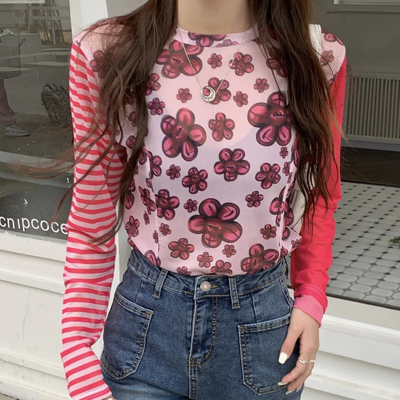 

Женская Базовая футболка с цветочным принтом, Розовая тонкая футболка в полоску с круглым вырезом и длинным рукавом, модные корейские футбо...