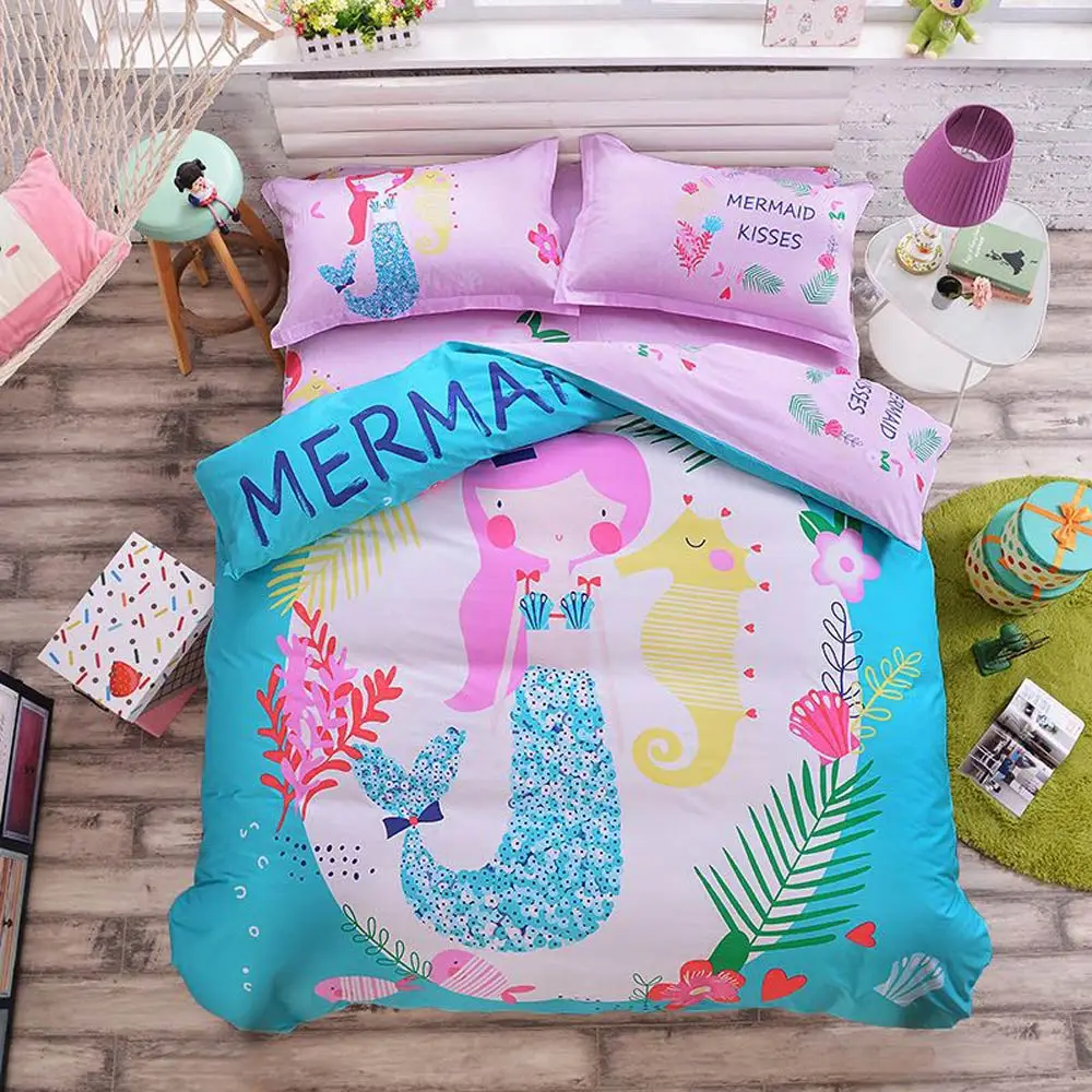 

PAPA&MIMA Mermaid Cartoon Linens Cotton Sheet Pillowcase Duvet Cover Bedding Set