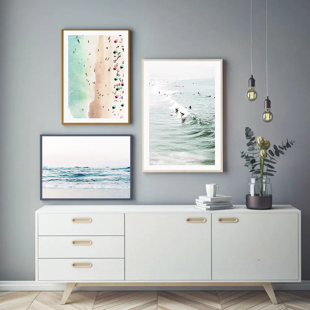 Яркий постер с изображением Морского Пейзажа песчаного пляжа серфинга искусство