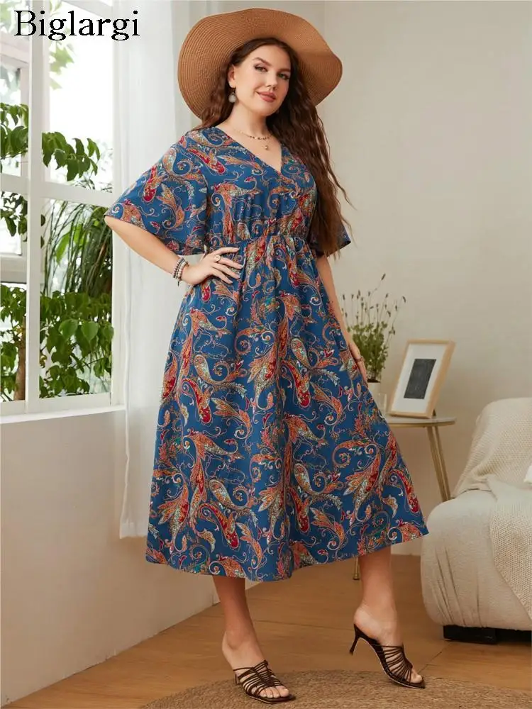 

Plus Size Summer Midi Dress Women Floral Striped Print Elegant Ladies Dresses Casual Fashion Woman Dress 2023