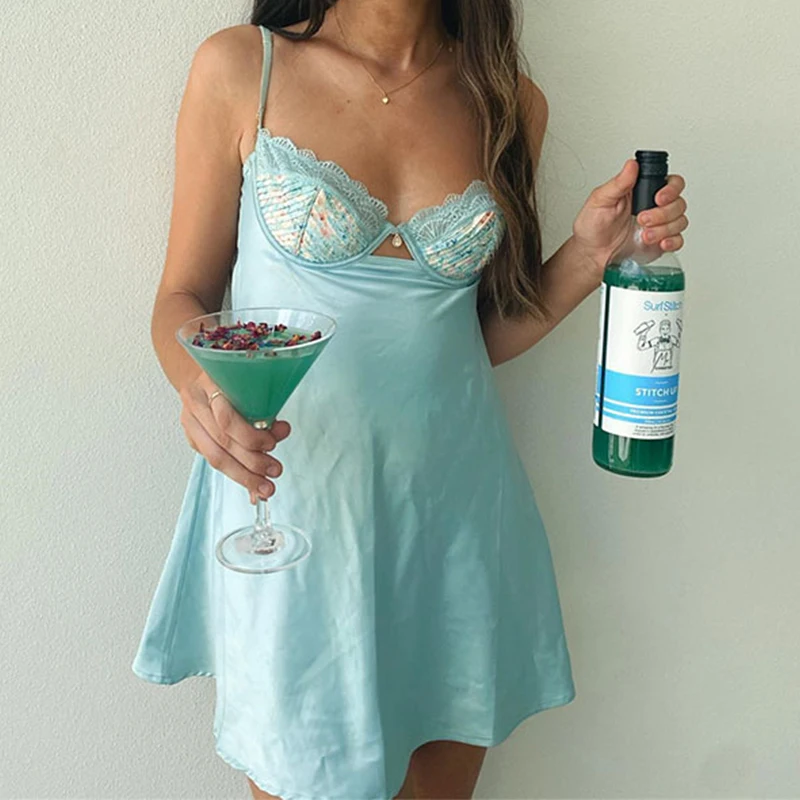 

Blue Satin Spaghetti Strap Women Dress For Party Floral Backless Elegant Dress Female Summer Slim Casual Streetwear 2022