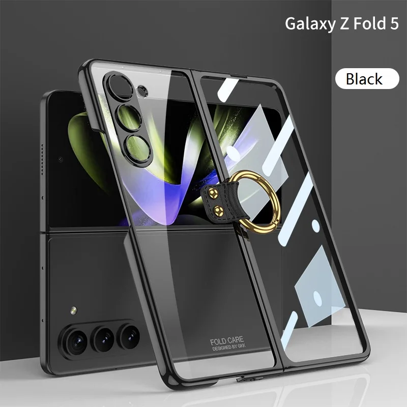 Luxury Plating Transparent Case for Samsung Galaxy Z Fold5 Case with Ring Clear Shockproof Shell for Samsung Z Fold 5 Case