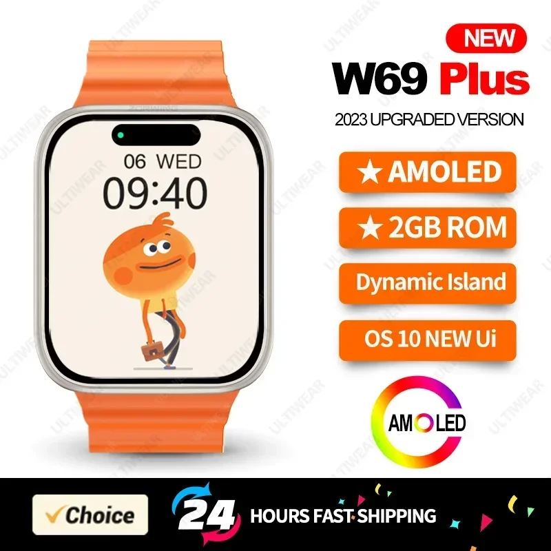 

Смарт-часы W69 Plus мужские, умные часы с AMOLED экраном, ЭКГ, термометром, динамическим островом, 2 Гб ПЗУ, для Android и IOS