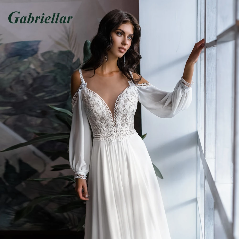 

Gabriellar Bohemian Wedding Bridal Gowns O-neck Appliques Fullsleeve Court Train Wedding Dress Robe De mariée Personalised