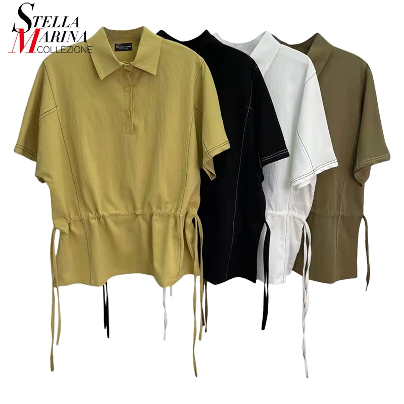 

New Summer Korean Style Short-Sleeve Solid Green Black Casual Blouses Side With Tapes Girls Unique Loose Fit Shirt Blusas YA008