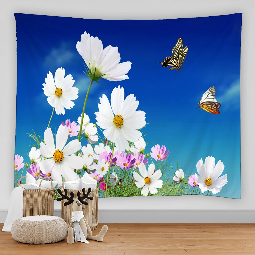 

White Daisy Tapestry Beautiful Flower Plant Nature Landscape Wall Hanging Asthetic Carpet Living Room Kawaii Home Decor Art