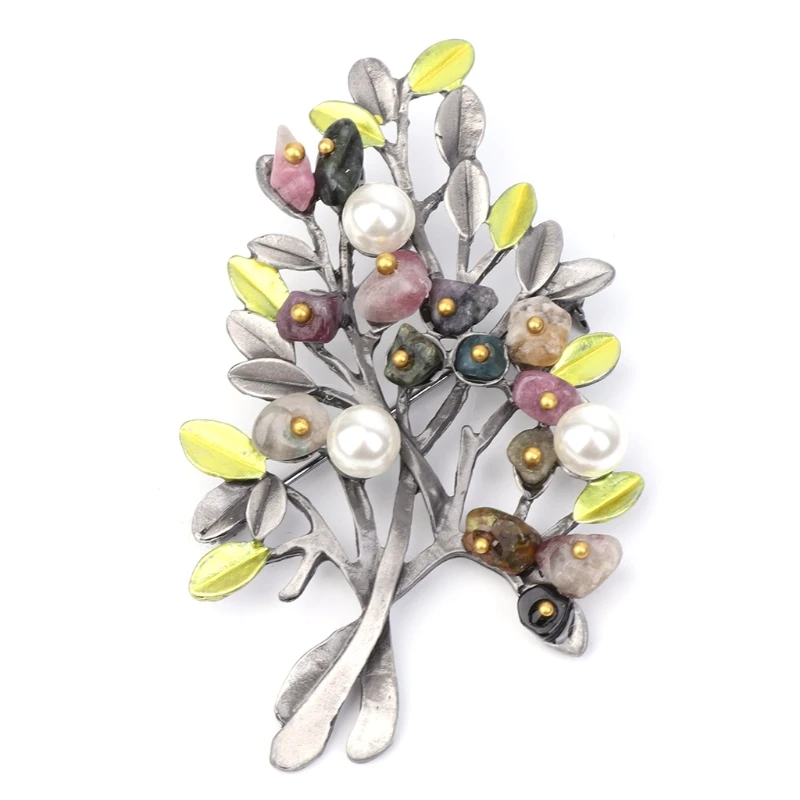 

Vintage Natural Stone Brooch Retro Tree Imitation Pearl Pin Brooches For Women