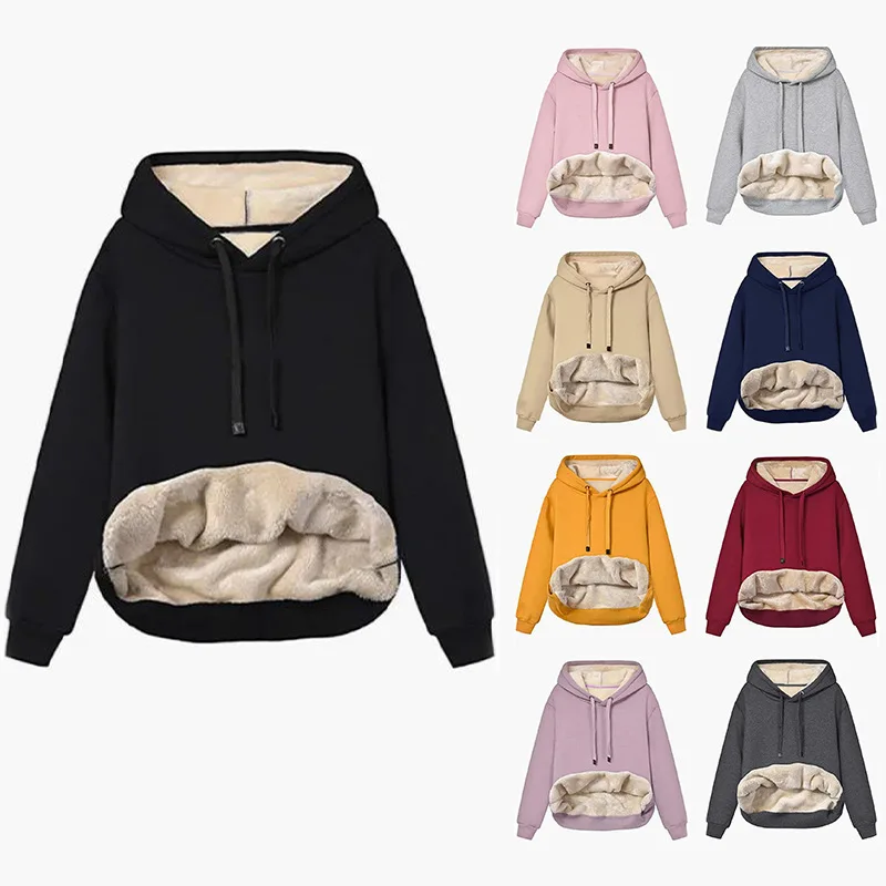 Unisex Hooded Sweatshirt Tops Womens Casual Winter Warm Outwear Solid Color Oversized Plush Pullover Hoodie