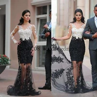 fantastic tulle bateau neckline mermaid formal dresses with beaded lace appliques see through long sleeves prom dress